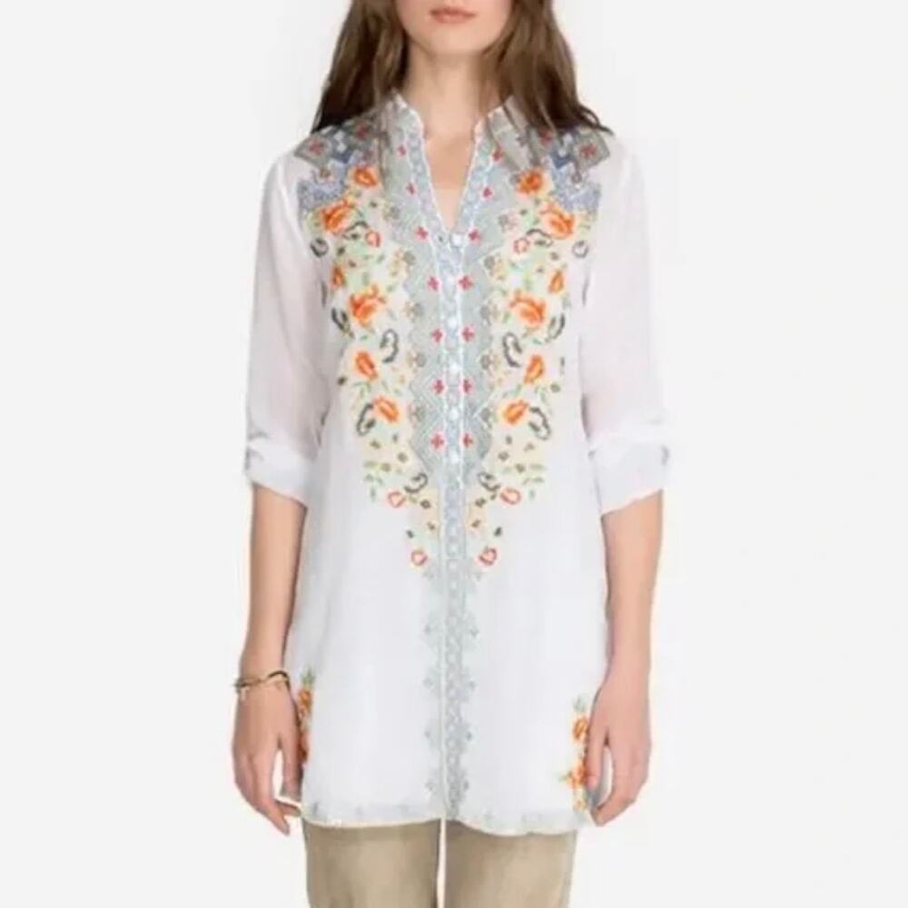 Johnny Was Women’s XS Harlow White Embroidered Sheer Tunic Blouse Top designer